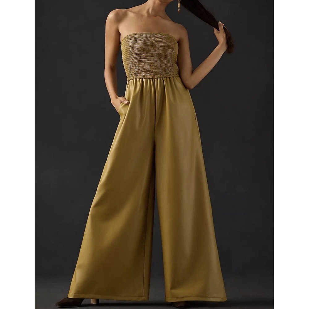 Pilcro Anthropologie Faux Leather Smocked Wide-Leg Jumpsuit M Boho Preppy